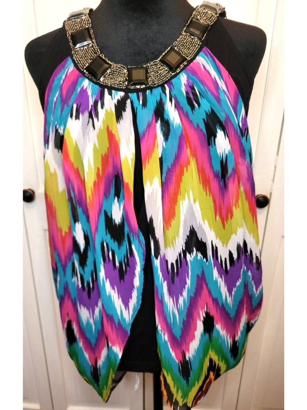 New Directions Beaded Tank Chiffon Overlay Ikat Print L Boho Y2K Glam 2010 Flowy
